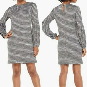 London Times Silver Gray Women's Balloon Long Sleeve Stripe Metallic Shift Dress